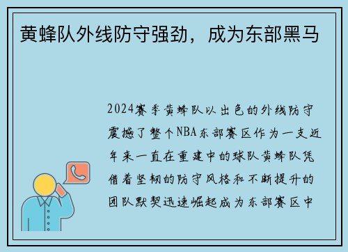 黄蜂队外线防守强劲，成为东部黑马